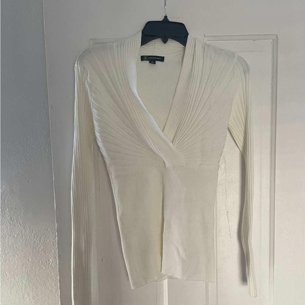 INC International Concepts Ivory Ribbed Knit Top